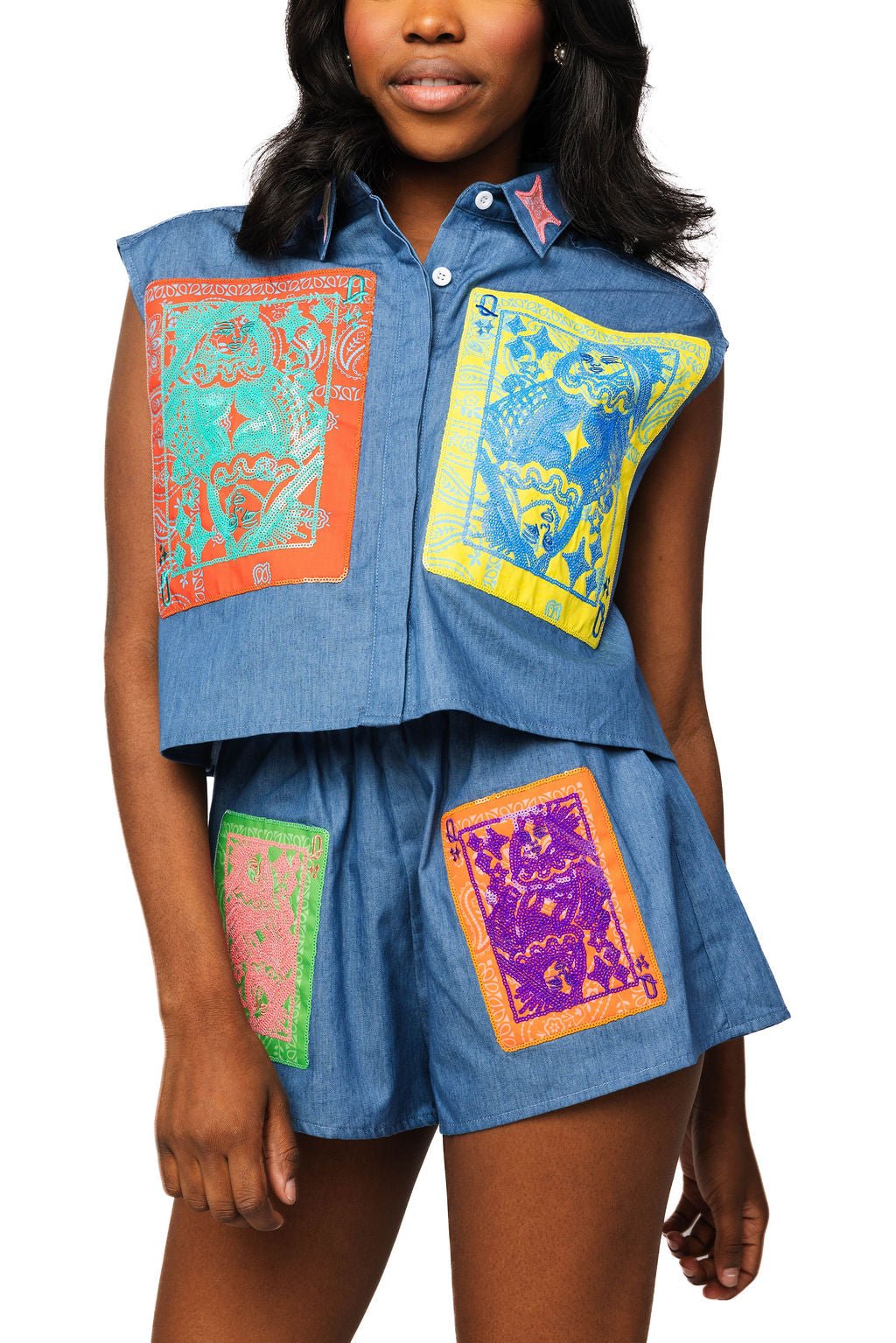 QOS Denim Colorblock Bandana QOS Card Logo Tank Top